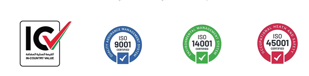 In-Country Value (ICV), ISO 9001, ISO 14001 and ISO 45001 certification badges
