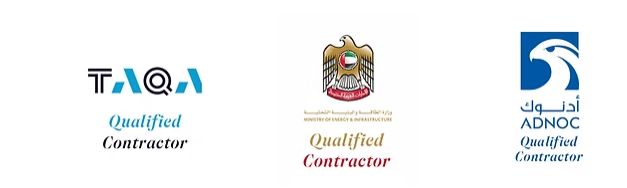 Qualified Contractor badges for TAQA, the UAE Ministry of Energy and Infrastructure, and ADNOC